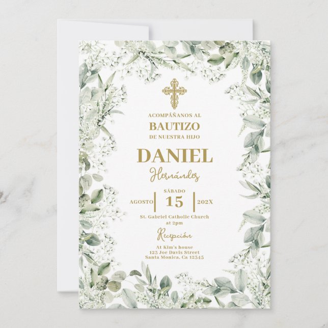 Baby's Breath Floral Baptism Spanish Invitation (Front)