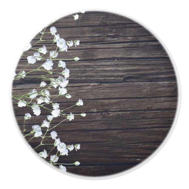 Baby's Breath Floral & Dark Rustic Wood Ceramic Knob (Front)