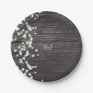 Baby's Breath Floral & Dark Rustic Wood Wedding Paper Plate