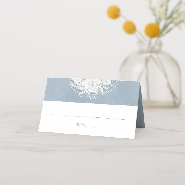 Baby's Breath Floral Dusty Blue Wedding Place Card (Front)