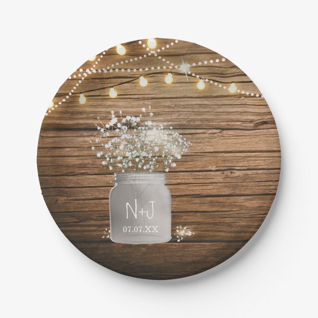 Baby's Breath Floral in Rustic Mason Jar & Lights Paper Plate (Front)
