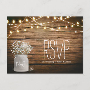 Baby's Breath Floral in Rustic Mason Jar RSVP Invitation Postcard