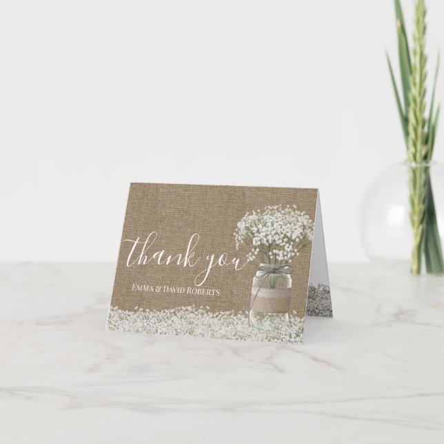 Baby's Breath Floral Jar Rustic Burlap Thank You (Front)
