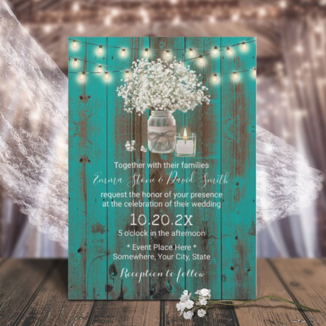 Baby's Breath Floral Jar Rustic Teal Barn Wedding Invitation (Creator Uploaded)
