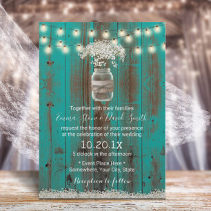 Baby's Breath Floral Rustic Teal Barn Wood Wedding Invitation