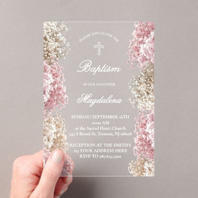 Baby's Breath flowers | baby girl Baptism Acrylic Invitations (Insitu (Handheld))