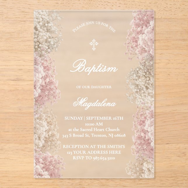 Baby's Breath flowers | baby girl Baptism Acrylic Invitations (Front)