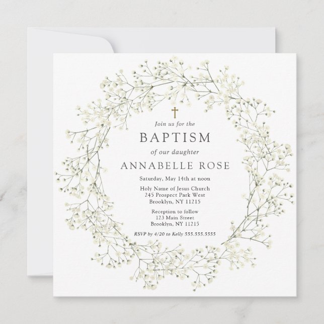 Baby's Breath Flowers Baptism Invitation (Front)