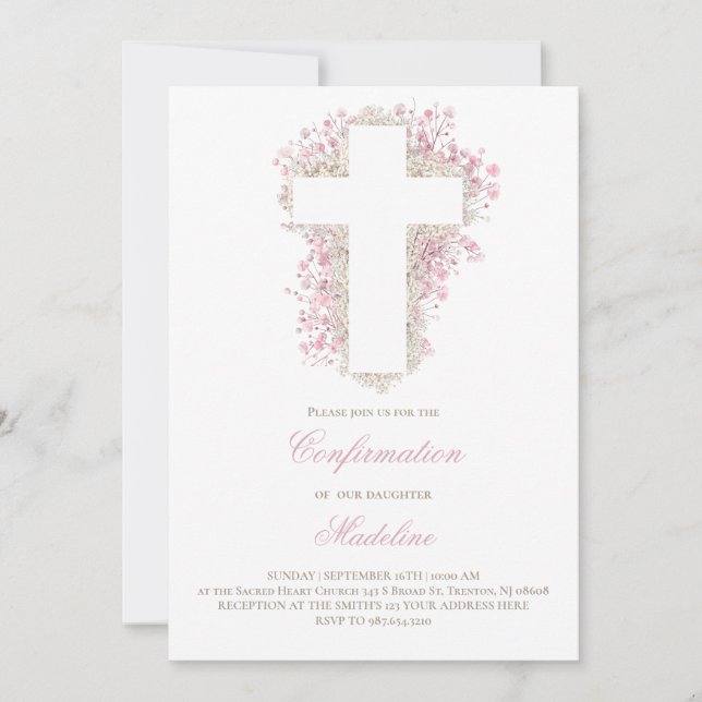 baby's breath flowers cross Confirmation Invitation (Front)