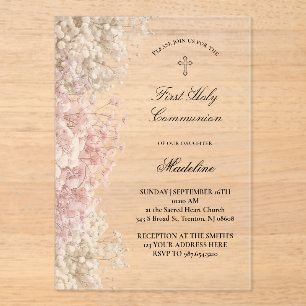 Baby's Breath flowers First Communion Acrylic Invitations