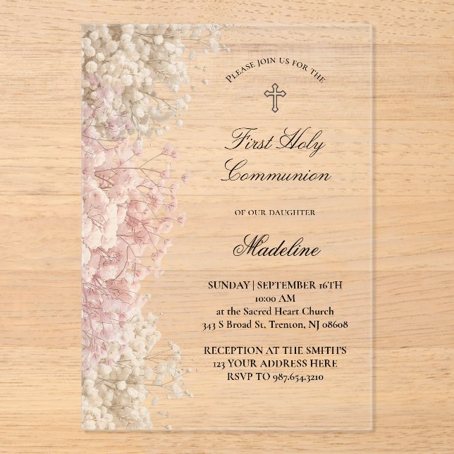 Baby's Breath flowers First Communion Acrylic Invitations (Front)