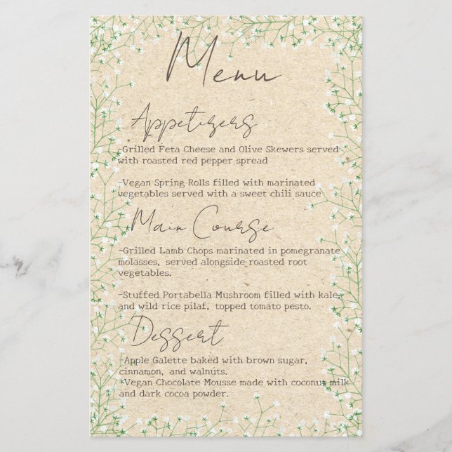     Baby's Breath Flowers Rustic Boho Wedding Menu (Front)