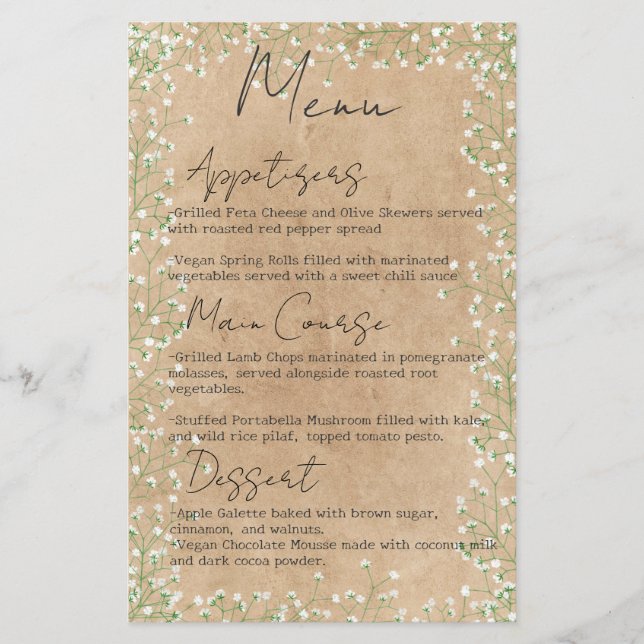     Baby's Breath Flowers Rustic Boho Wedding Menu (Front)
