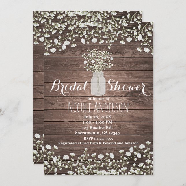 Baby's Breath Flowers Rustic Wood Bridal Shower Invitation (Front/Back)