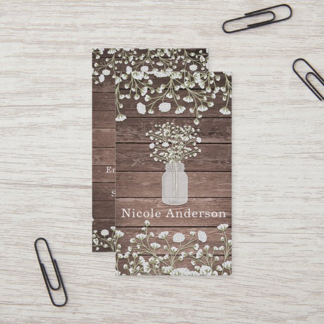 Baby's Breath Flowers Rustic Wood Country Chic Business Card (Front/Back In Situ)