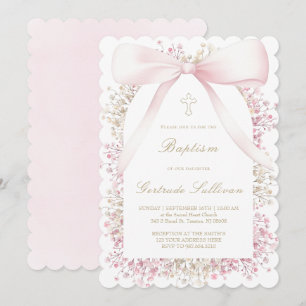 baby's breath frame pink bow   Baptism Invitation