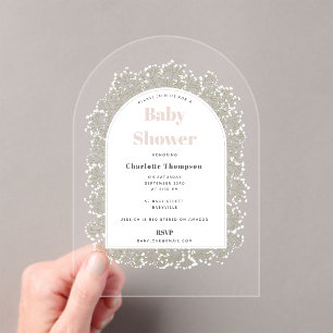 Baby's Breath Girl Pink Gypsophila Baby Shower Acrylic Invitations
