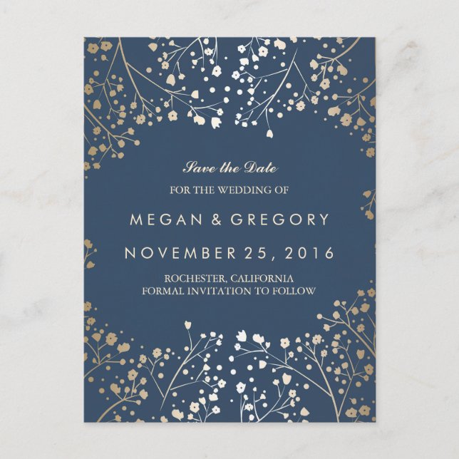 baby's breath gold and navy save the date announcement postcard (Front)