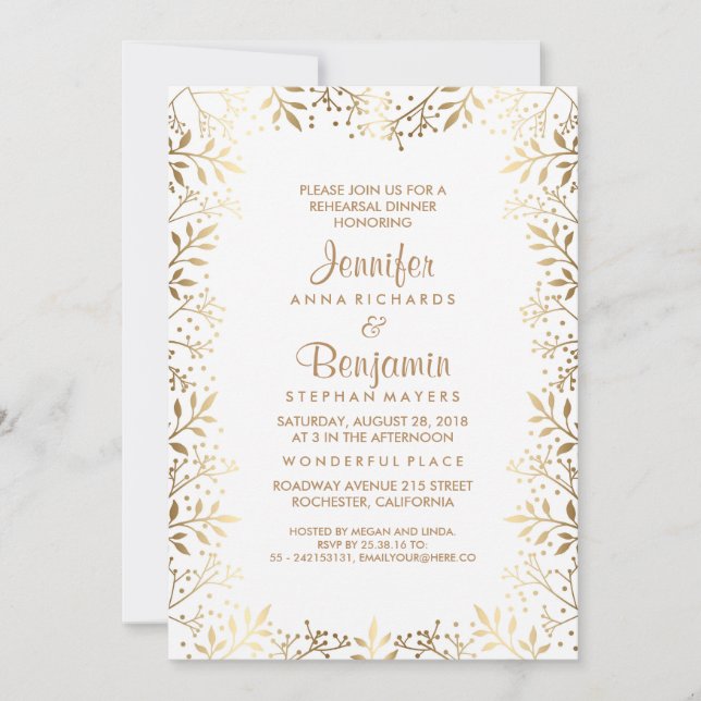Baby's Breath Gold and White Rehearsal Dinner Invitation (Front)