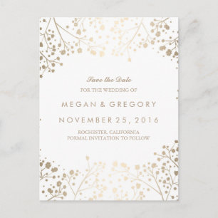 baby's breath gold foil effect save the date announcement postcard