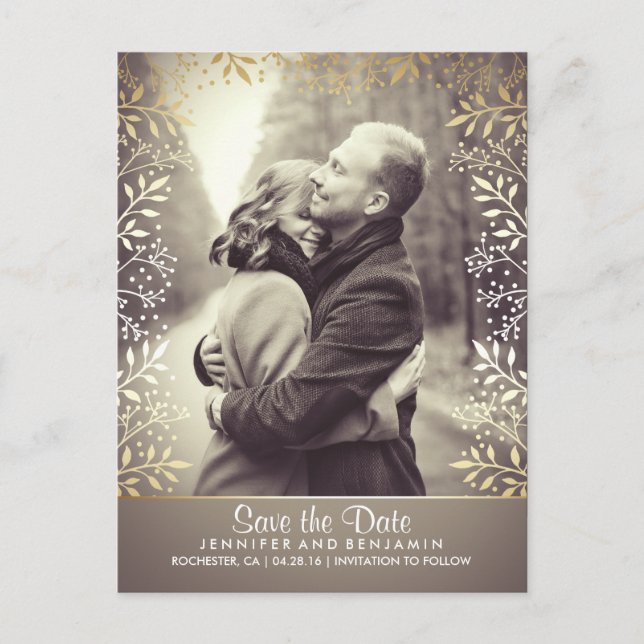 Baby's Breath Gold Foil Photo Save the Date Announcement Postcard (Front)