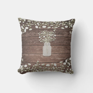 Baby's Breath in Mason Jar Rustic Wood Cushion