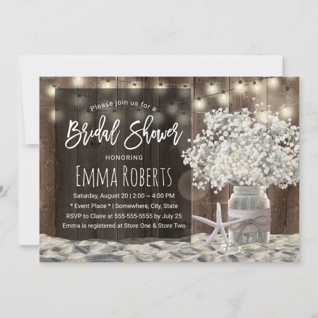 Baby's Breath Jar Beach Barn Wood Bridal Shower Invitation (Front)