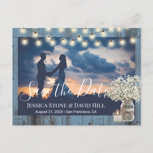 Baby's Breath Jar Dusty Blue Photo Save the Date Announcement Postcard (Front)