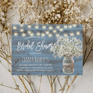 Baby's Breath Jar Dusty Blue Wood Bridal Shower Invitation