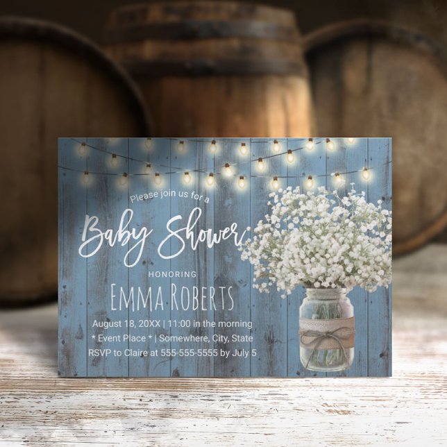 Baby's Breath Jar Rustic Dusty Blue Baby Shower Invitation (Creator Uploaded)