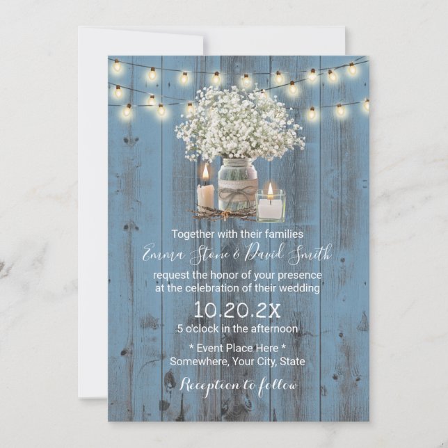 Baby's Breath Jar Rustic Dusty Blue Barn Wedding Invitation (Front)