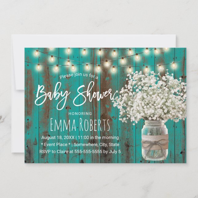 Baby's Breath Jar Rustic Teal Wood Baby Shower Invitation (Front)