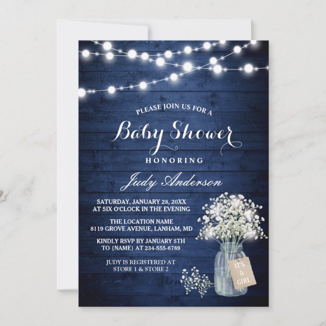Baby's Breath Lights Rustic Navy Blue Baby Shower Invitation (Front)