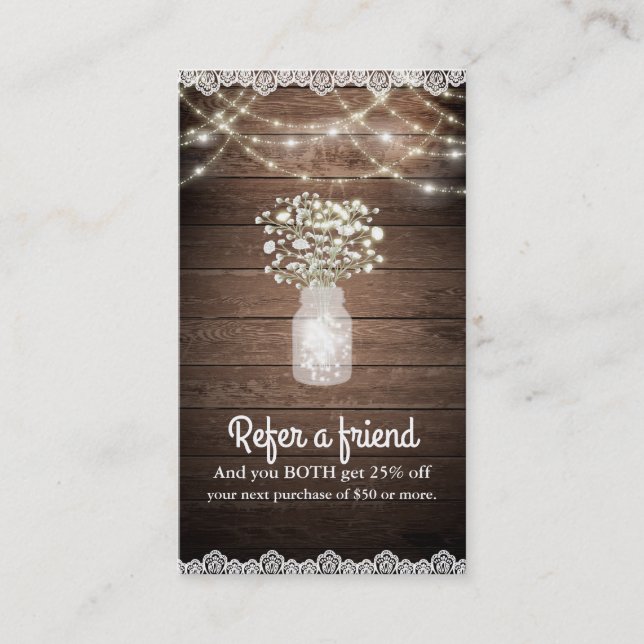 Baby's Breath & Lights Rustic Refer a Friend Referral Card (Front)