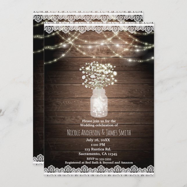 Baby's Breath & Lights Rustic Wedding Invitations (Front/Back)