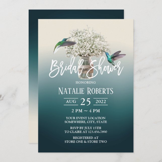 Baby's Breath & Love Birds Teal Bridal Shower Invitation (Front/Back)