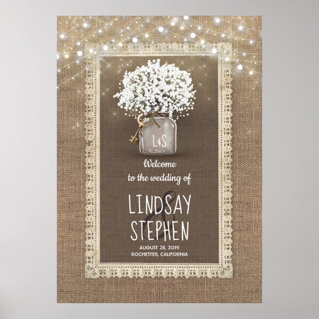 Baby's Breath Mason Jar and Burlap Wedding Welcome Poster (Front)