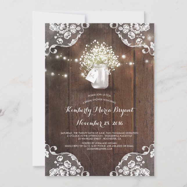 Baby's Breath Mason Jar Barn Wood Bridal Shower Invitation (Front)