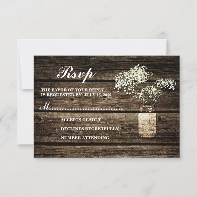 Baby's Breath Mason Jar | Barn Wood Wedding RSVP (Front)