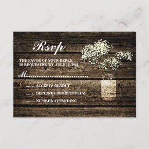 Baby's Breath Mason Jar Barn Wood Wedding RSVP Card
