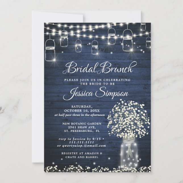 Baby's Breath Mason Jar Blue Rustic Bridal Brunch Invitation (Front)