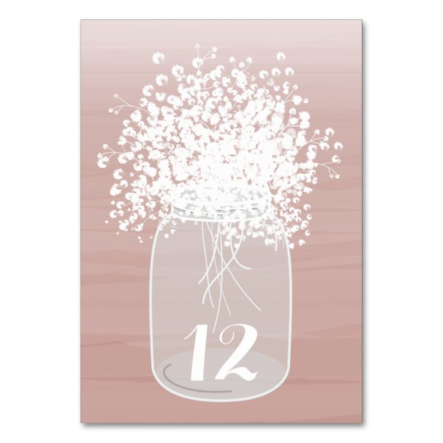 Baby's Breath Mason Jar Blush Watercolor Table Table Number (Front)