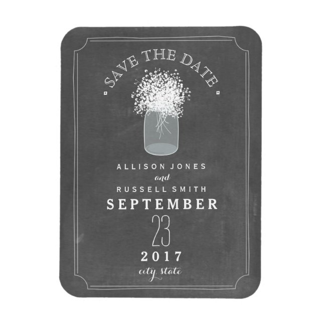 Baby's Breath Mason Jar Chalkboard Save The Date Magnet (Vertical)