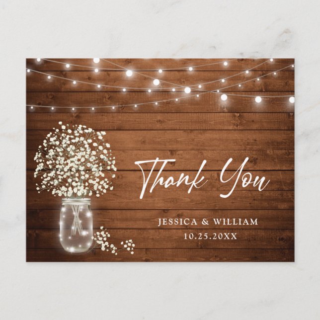 Baby's Breath Mason Jar Lights Rustic Thank You Postcard (Front)
