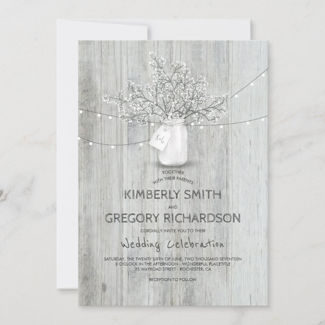 Baby's Breath Mason Jar Rustic Barn Lights Wedding Invitation (Front)