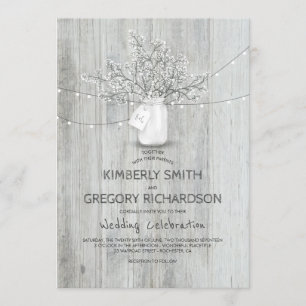 Baby's Breath Mason Jar Rustic Barn Lights Wedding Invitation