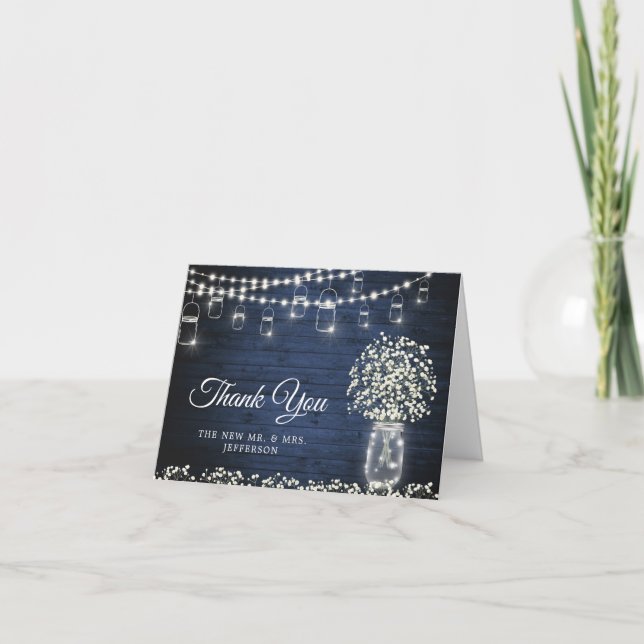 Baby's Breath Mason Jar Rustic Blue Wood Floral Thank You Card (Front)