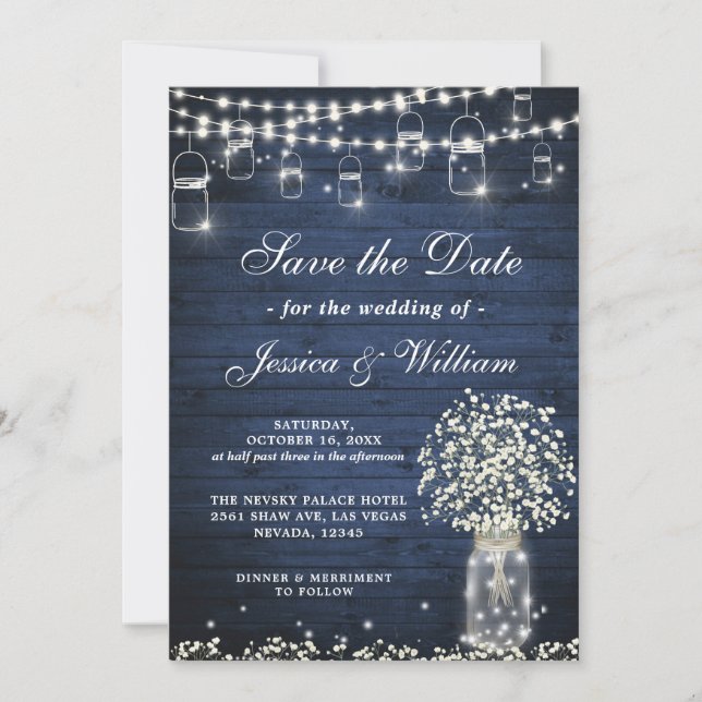 Baby's Breath Mason Jar Rustic Blue Wood Wedding Invitation (Front)