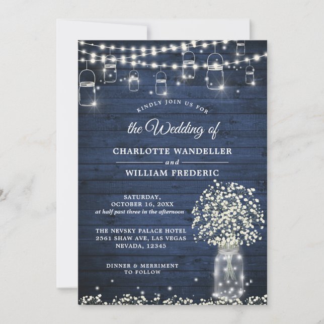 Baby's Breath Mason Jar Rustic Blue Wood Wedding Invitation (Front)