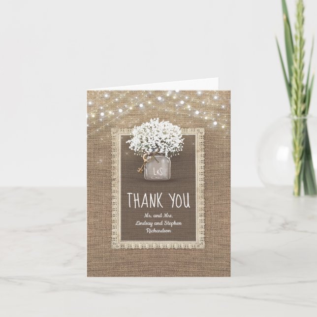 Baby's Breath Mason Jar Rustic Burlap Thank You Card (Front)
